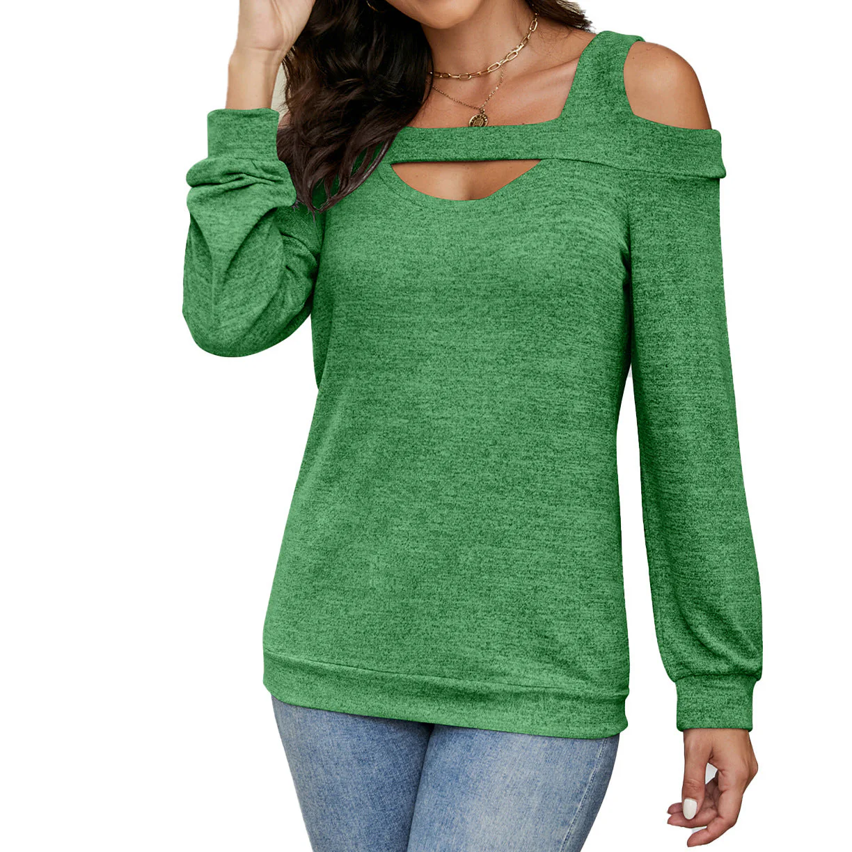 Damen Lässiges Cold-Shoulder Sweatshirt mit Tiefem Ausschnitt und Ballonärmeln Heidi-Mode - Image 7