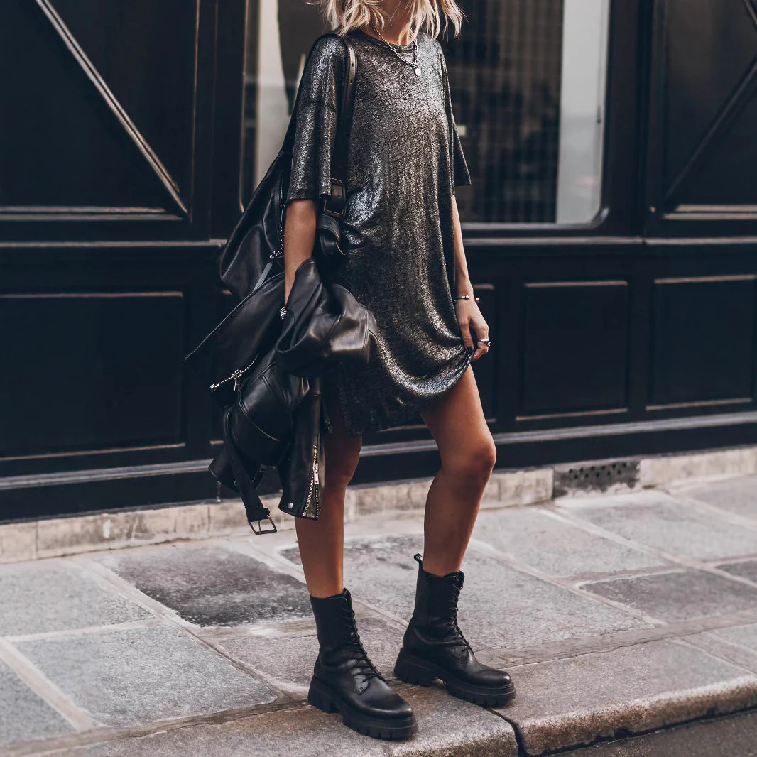 Damen Lässiges Glitzerkleid mit Seitlichem Schlitz und Oversize Schnitt Heidi-Mode - Image 2