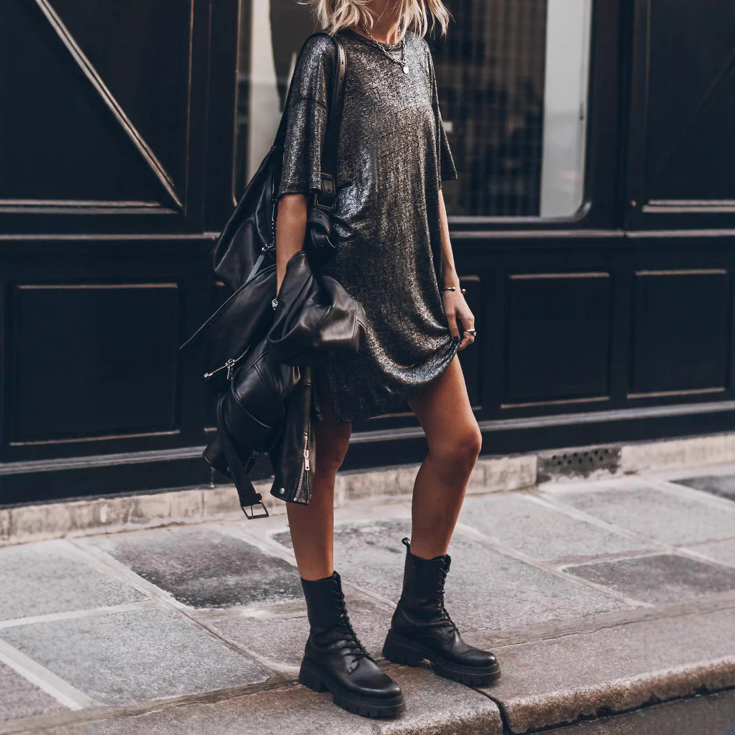 Damen Lässiges Glitzerkleid mit Seitlichem Schlitz und Oversize Schnitt Heidi-Mode - Image 4