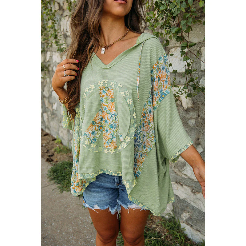 Damen Lässiges Kapuzenoberteil mit Blumigem Peace-Design Heidi-Mode