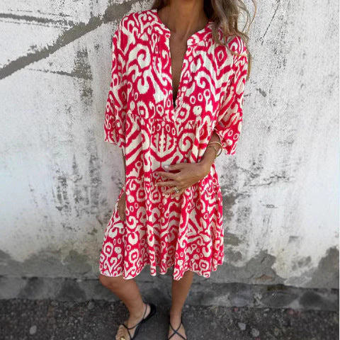 Damen Lässiges Kleid mit V-Ausschnitt und Dekorativem Muster Heidi-Mode - Image 4