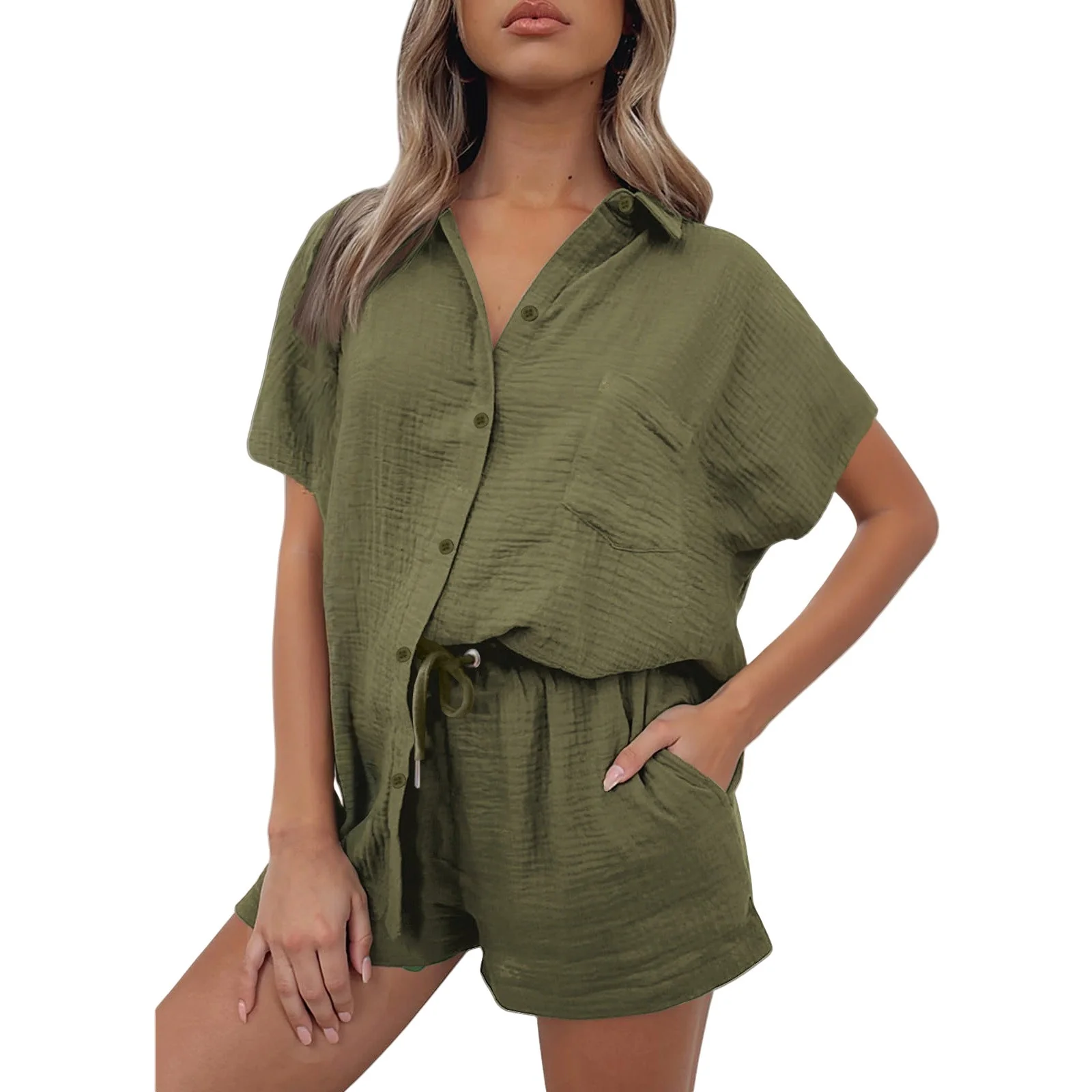 Damen Lässiges Kurzarm-Hemd und Shorts Set Aus Strapazierfähigem Baumwollmaterial mit Praktischen Taschen und Elastischem Bund Heidi-Mode - Image 2