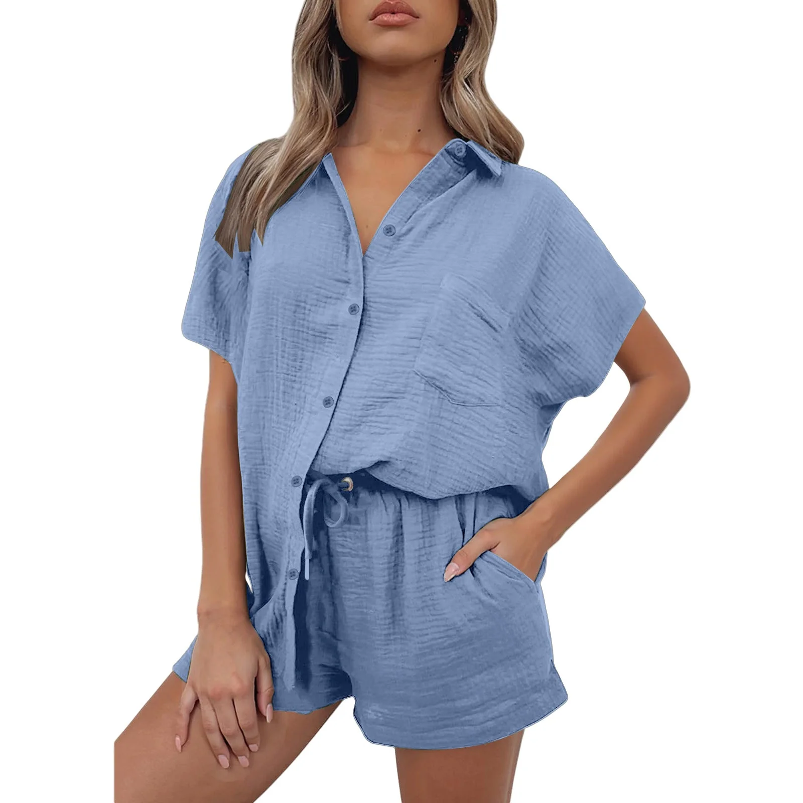 Damen Lässiges Kurzarm-Hemd und Shorts Set Aus Strapazierfähigem Baumwollmaterial mit Praktischen Taschen und Elastischem Bund Heidi-Mode - Image 6