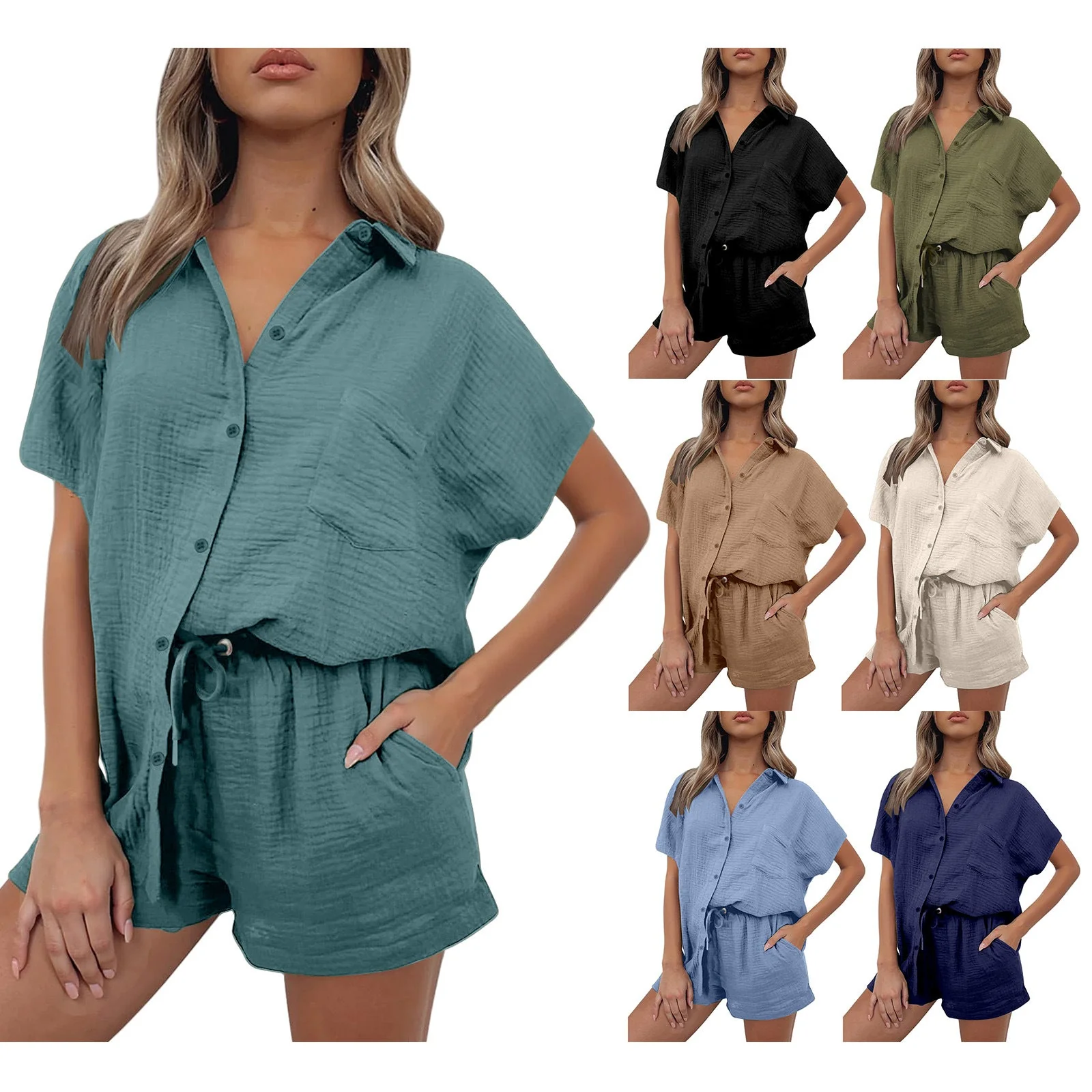 Damen Lässiges Kurzarm-Hemd und Shorts Set Aus Strapazierfähigem Baumwollmaterial mit Praktischen Taschen und Elastischem Bund Heidi-Mode - Image 8