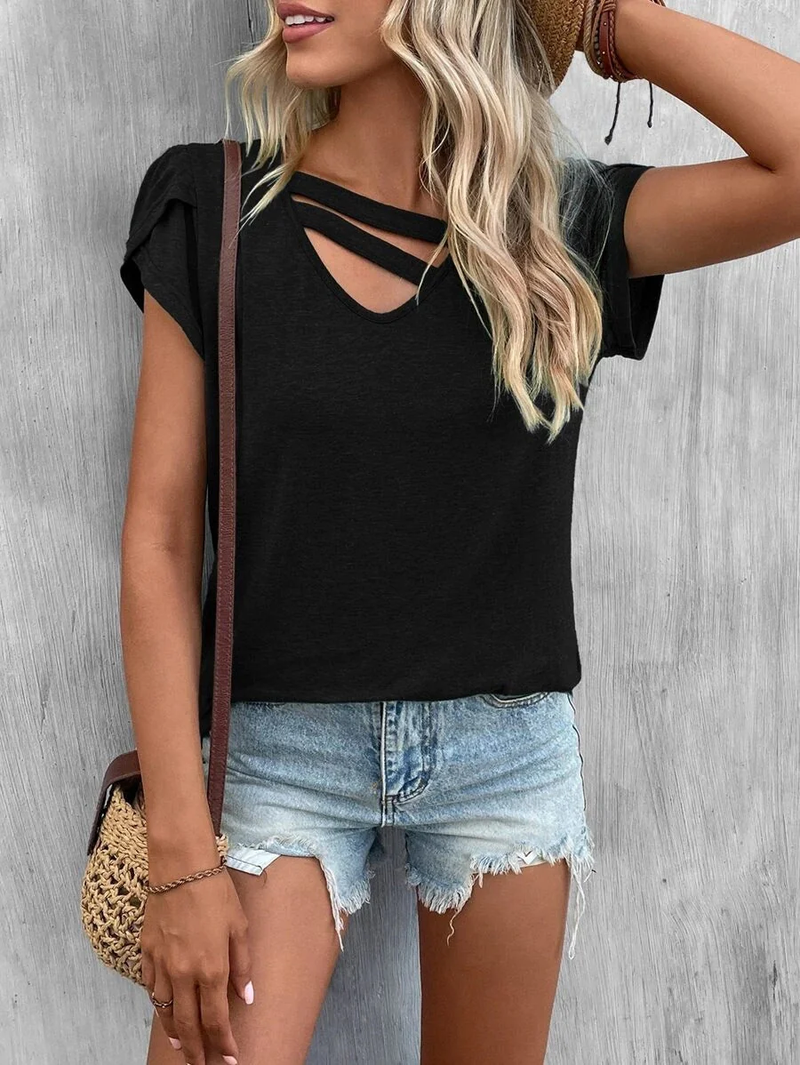 Damen Lässiges Kurzarm T-Shirt mit Einzigartigem Kreuz-Ausschnitt Heidi-Mode - Image 8