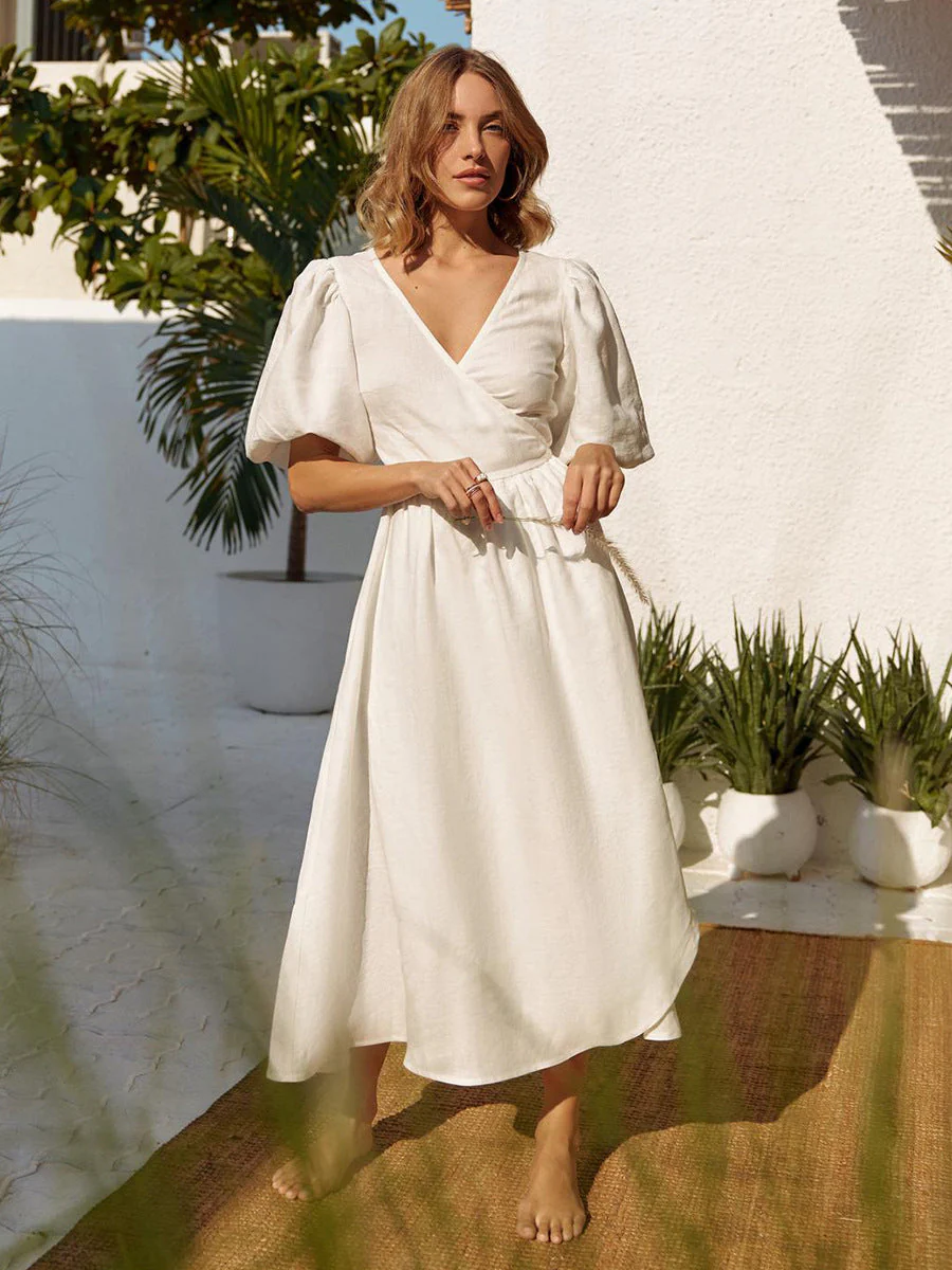 Damen Lässiges Leinenkleid mit Ballonärmeln und Tailliertem Gürtel Heidi-Mode - Image 5