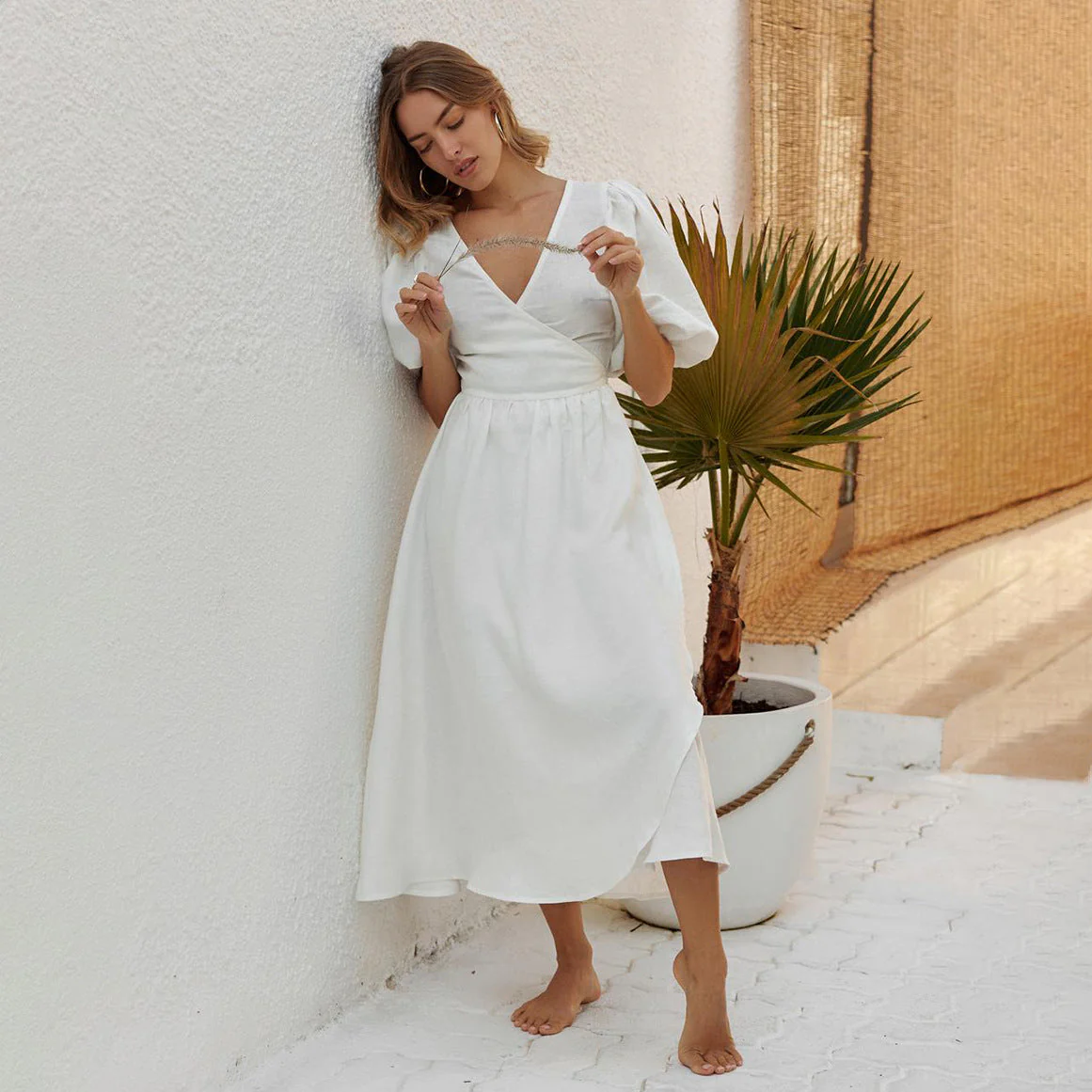 Damen Lässiges Leinenkleid mit Ballonärmeln und Tailliertem Gürtel Heidi-Mode - Image 7