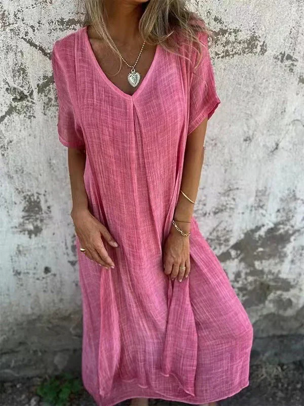Damen Lässiges Leinenkleid mit V-Ausschnitt und Seitlichen Taschen Heidi-Mode - Image 11