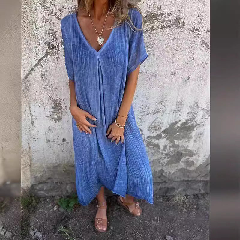Damen Lässiges Leinenkleid mit V-Ausschnitt und Seitlichen Taschen Heidi-Mode - Image 2