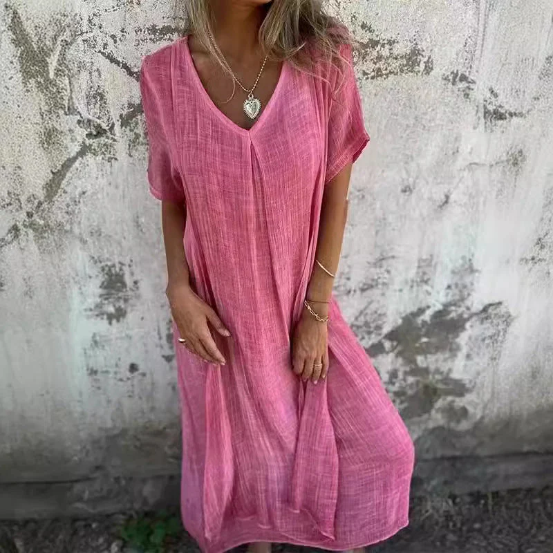 Damen Lässiges Leinenkleid mit V-Ausschnitt und Seitlichen Taschen Heidi-Mode - Image 4
