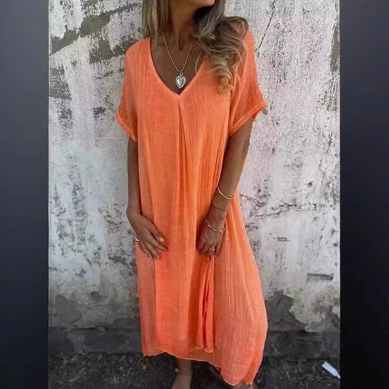 Damen Lässiges Leinenkleid mit V-Ausschnitt und Seitlichen Taschen Heidi-Mode - Image 8