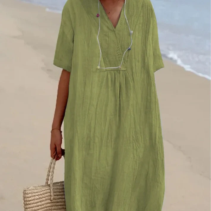 Damen lässiges Midi-Kleid mit V-Ausschnitt und bequemen Kurzärmeln Heidi-Mode - Image 3