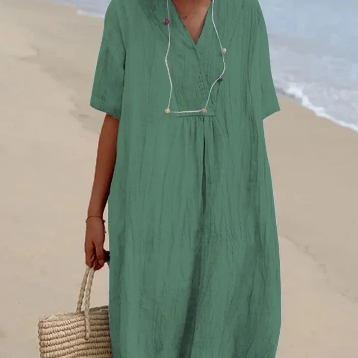 Damen lässiges Midi-Kleid mit V-Ausschnitt und bequemen Kurzärmeln Heidi-Mode - Image 4