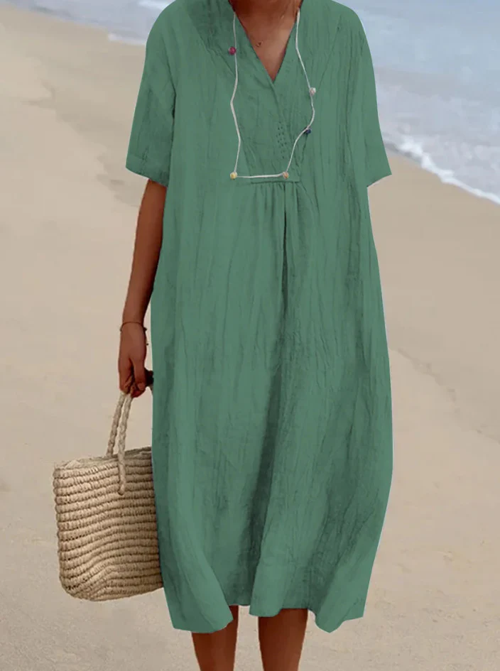 Damen lässiges Midi-Kleid mit V-Ausschnitt und bequemen Kurzärmeln Heidi-Mode - Image 8