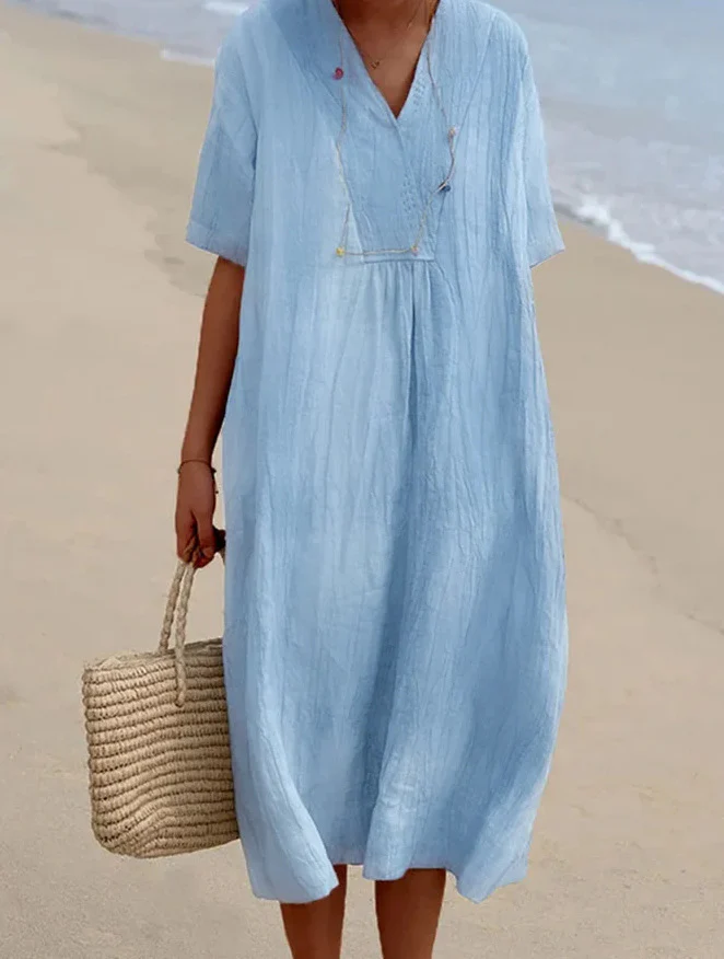 Damen lässiges Midi-Kleid mit V-Ausschnitt und bequemen Kurzärmeln Heidi-Mode - Image 9