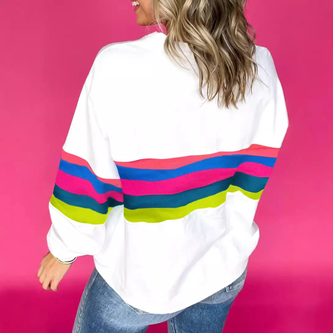 Damen Lässiges Oversized-Sweatshirt mit Bunten Streifen und Tieferem Rundhalsausschnitt Heidi-Mode - Image 3