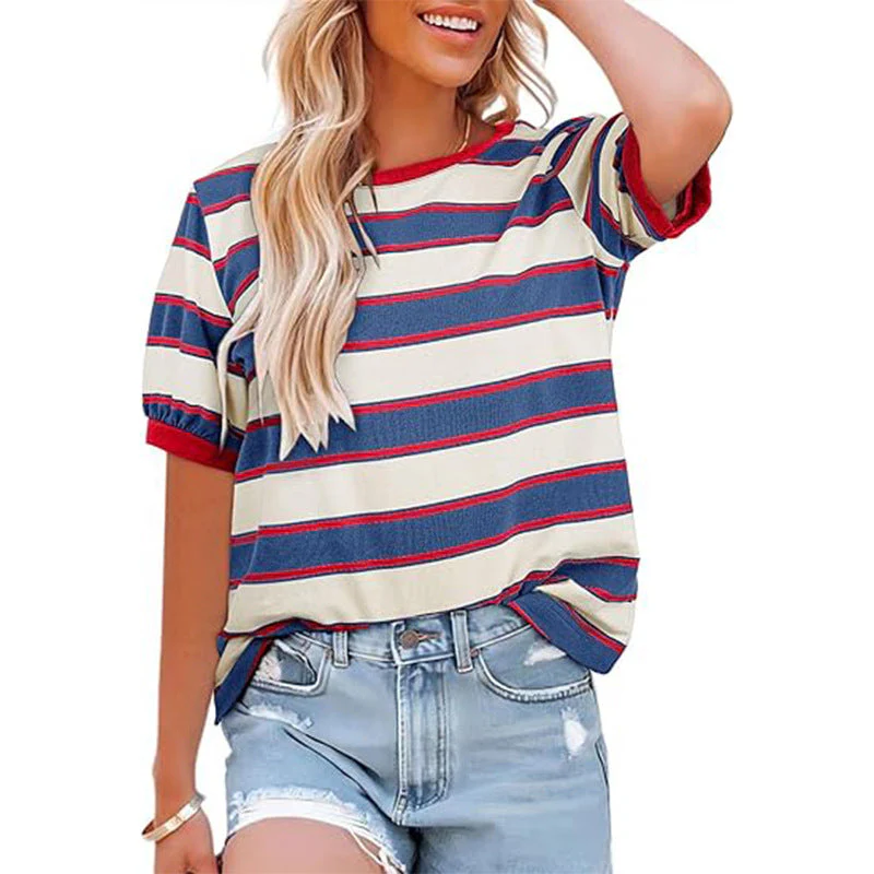 Damen Lässiges Streifen T-Shirt mit Kurzarm und Rundhalsausschnitt Heidi-Mode - Image 11