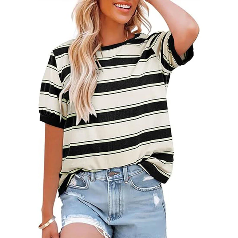 Damen Lässiges Streifen T-Shirt mit Kurzarm und Rundhalsausschnitt Heidi-Mode - Image 3