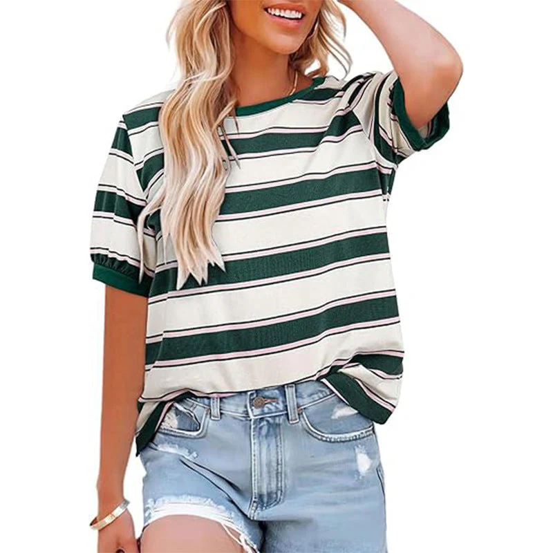 Damen Lässiges Streifen T-Shirt mit Kurzarm und Rundhalsausschnitt Heidi-Mode - Image 6