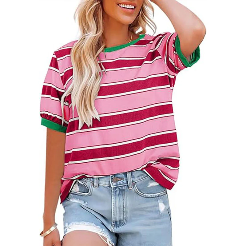 Damen Lässiges Streifen T-Shirt mit Kurzarm und Rundhalsausschnitt Heidi-Mode - Image 9