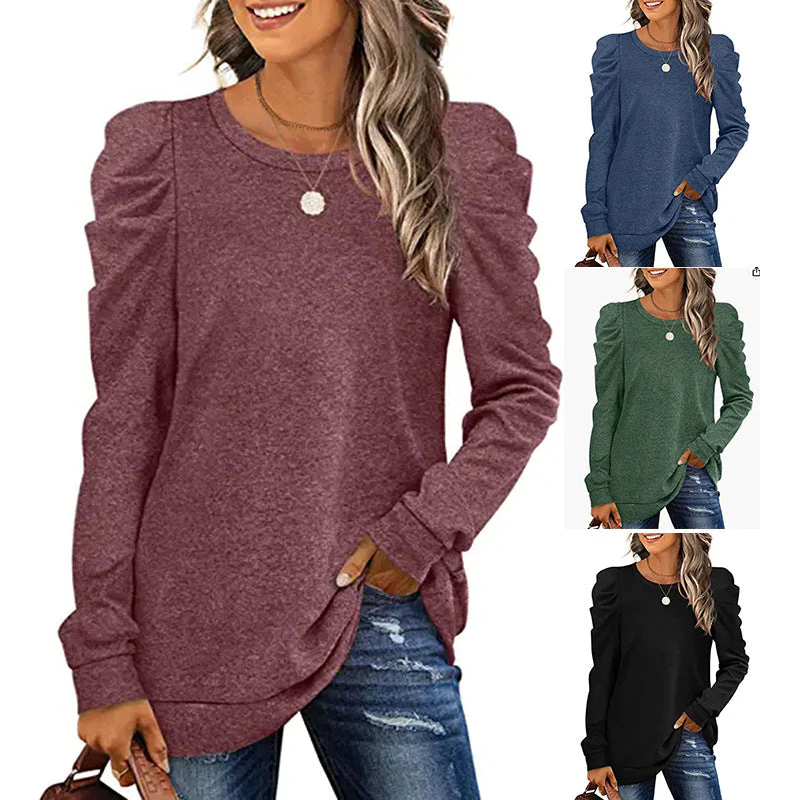 Damen Lässiges Sweatshirt mit Puffärmeln und Asymmetrischem Saum Heidi-Mode