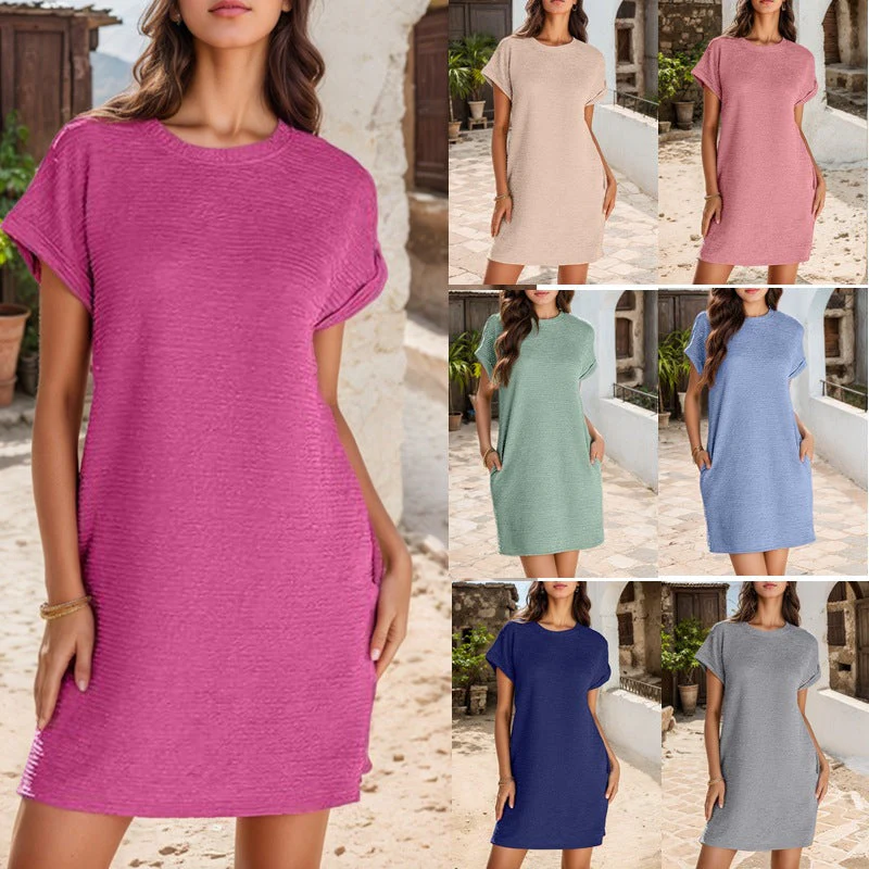 Damen Lässiges T-Shirt-Kleid mit Umschlagbaren Ärmeln und Strukturiertem Stoff Heidi-Mode