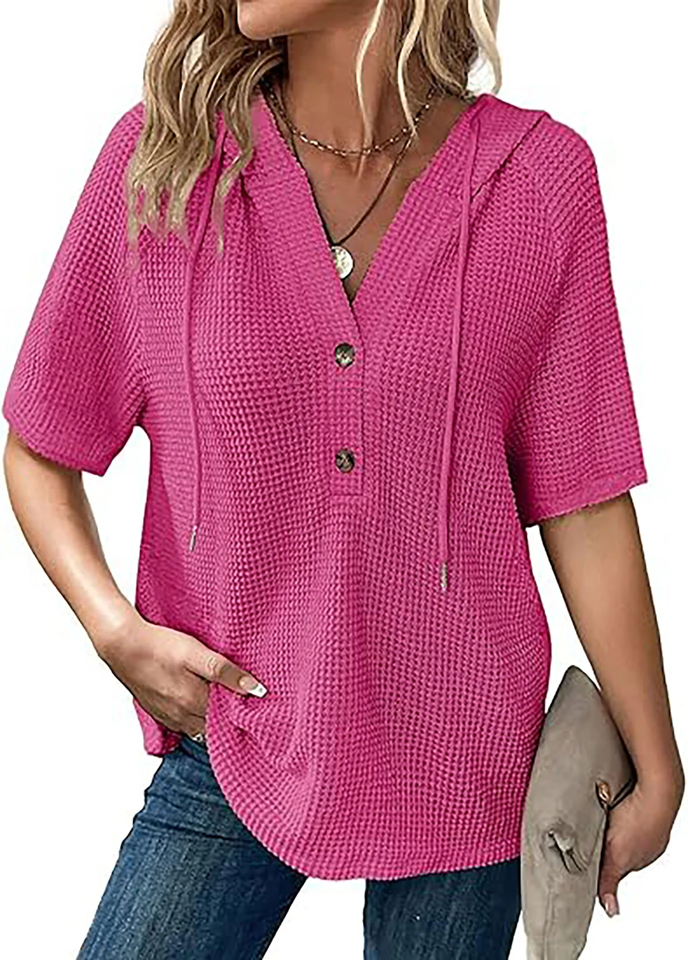 Damen Waffelstruktur-T-Shirt mit Kapuze