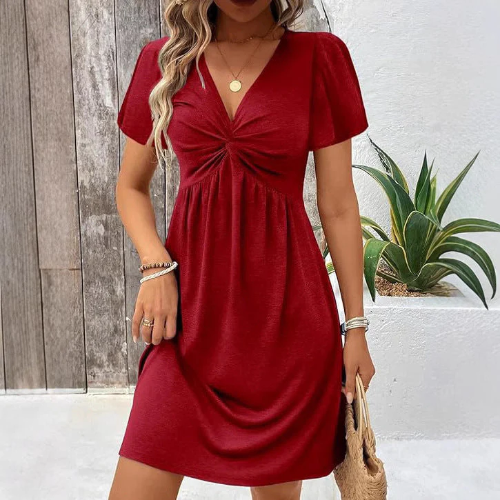 Damen Lässiges Wickelkleid mit V-Ausschnitt und Kurzen Ärmeln Heidi-Mode - Image 3