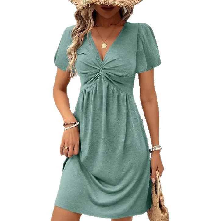 Damen Lässiges Wickelkleid mit V-Ausschnitt und Kurzen Ärmeln Heidi-Mode - Image 5