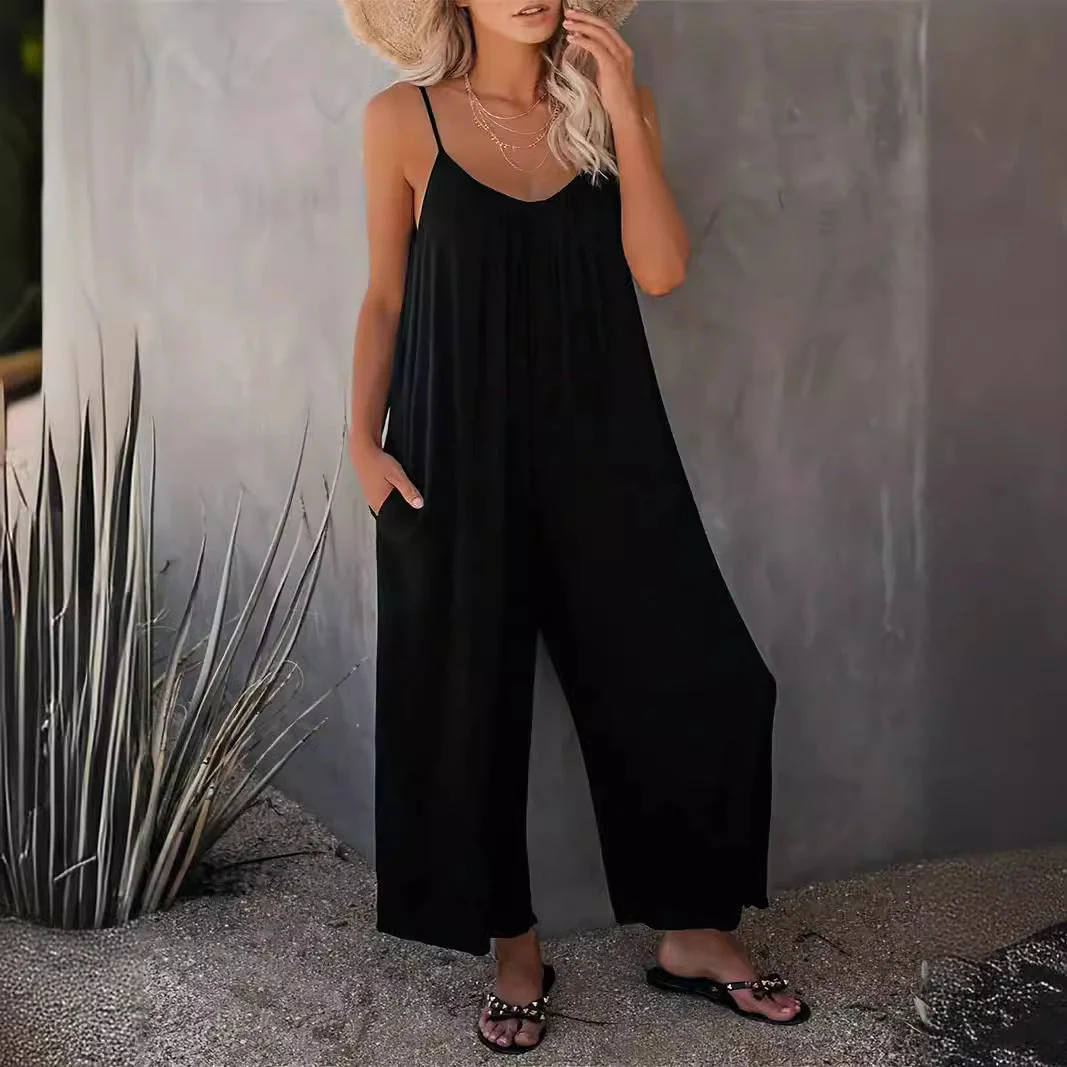 Damen Legerer Jumpsuit Aus Fließendem Stoff mit Verstellbaren Trägern und Praktischen Taschen Heidi-Mode