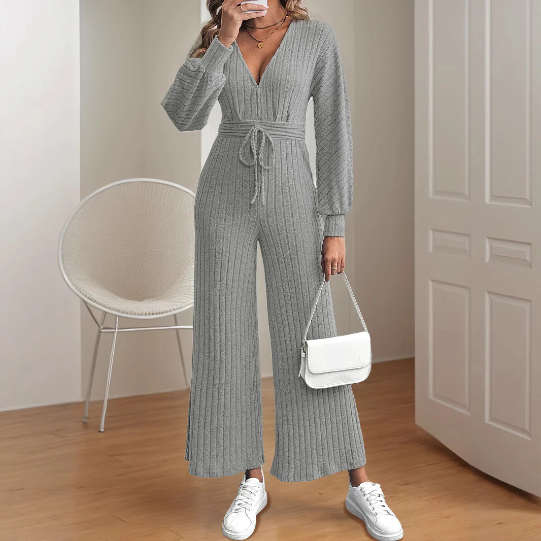 Damen legerer Strick-Jumpsuit mit weitem Bein und Taillengürtel Heidi-Mode - Image 3