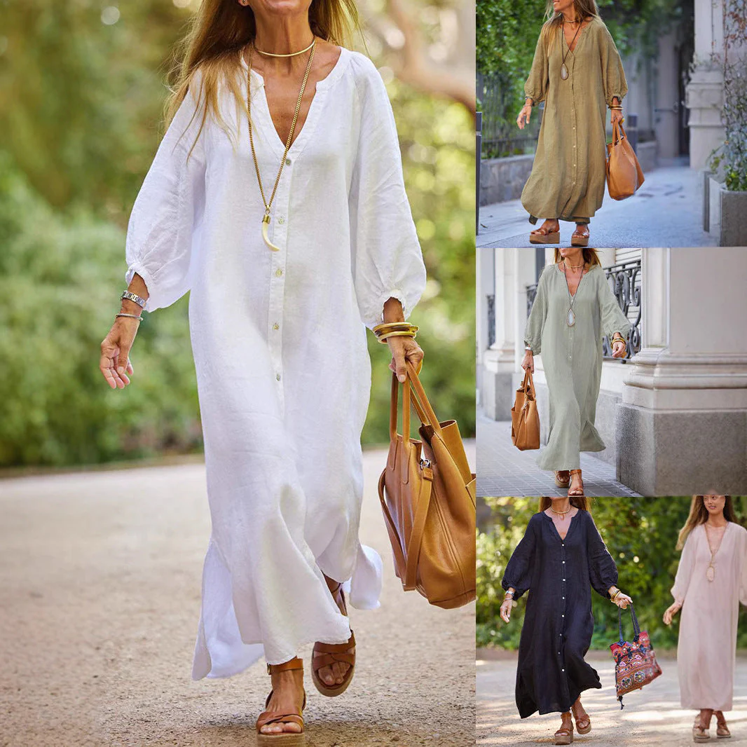 Damen Leichtes Leinenkleid mit Langen Ärmeln und Durchgehender Knopfleiste Heidi-Mode