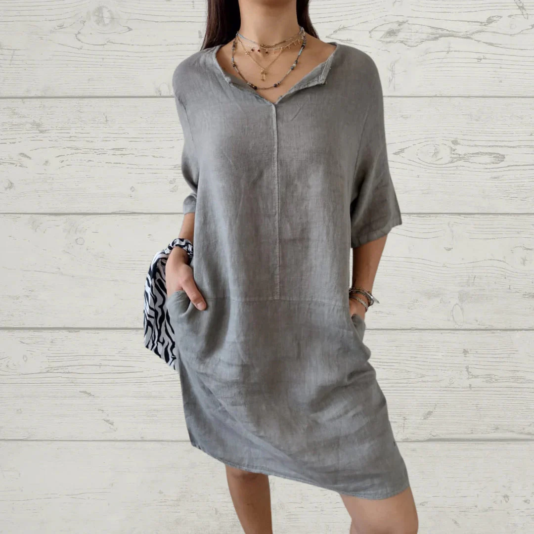 Damen Leichtes Leinenkleid mit Vorderem Knopfdetail und Seitlichen Taschen Heidi-Mode - Image 4