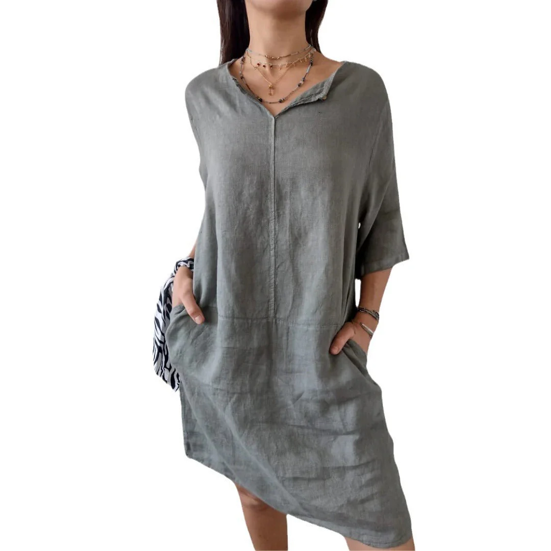 Damen Leichtes Leinenkleid mit Vorderem Knopfdetail und Seitlichen Taschen Heidi-Mode - Image 5