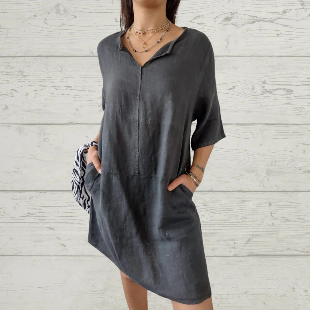 Damen Leichtes Leinenkleid mit Vorderem Knopfdetail und Seitlichen Taschen Heidi-Mode - Image 8