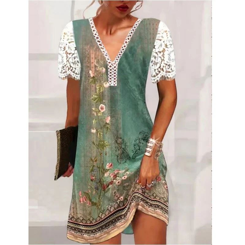 Damen Leichtes Sommerkleid mit Spitzenärmeln und floralem Design Heidi-Mode
