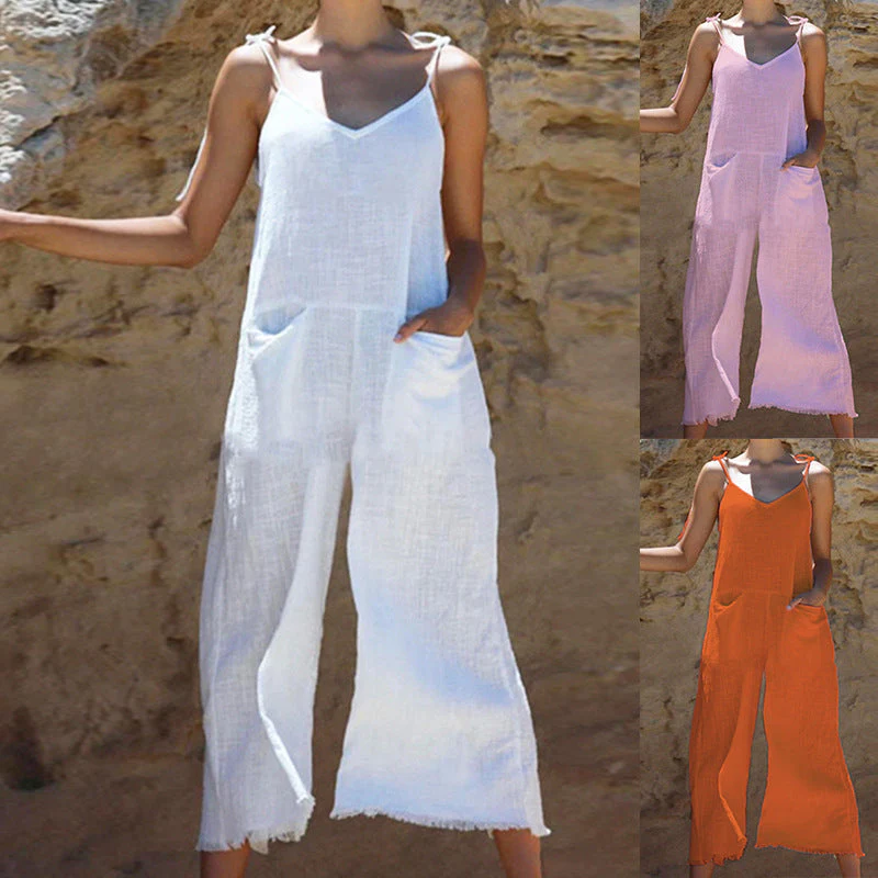 Damen Leinen-Jumpsuit mit Stylischem V-Ausschnitt und Praktischen Taschen Heidi-Mode