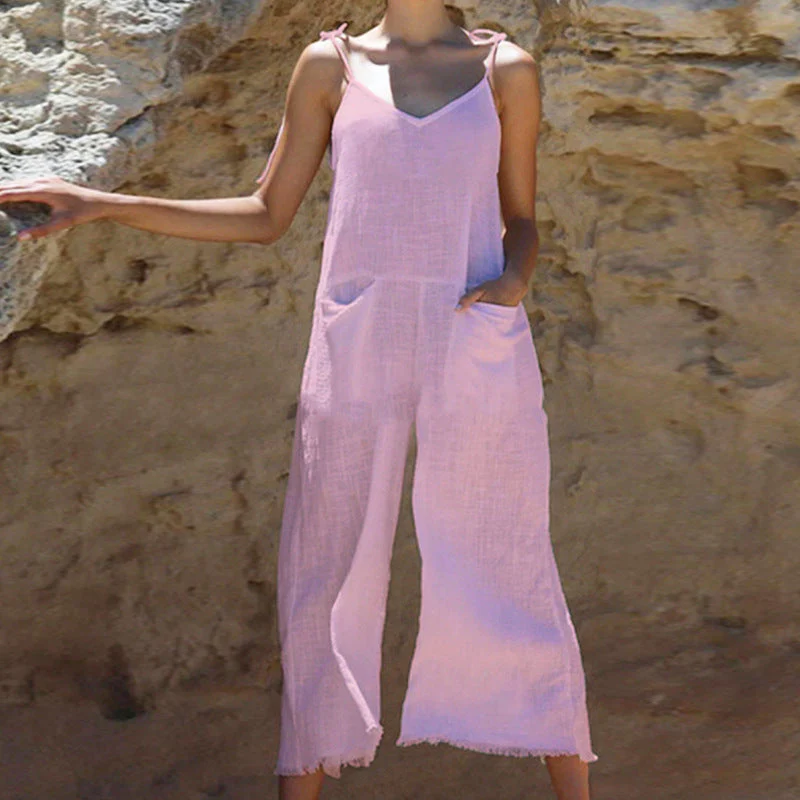Damen Leinen-Jumpsuit mit Stylischem V-Ausschnitt und Praktischen Taschen Heidi-Mode - Image 2