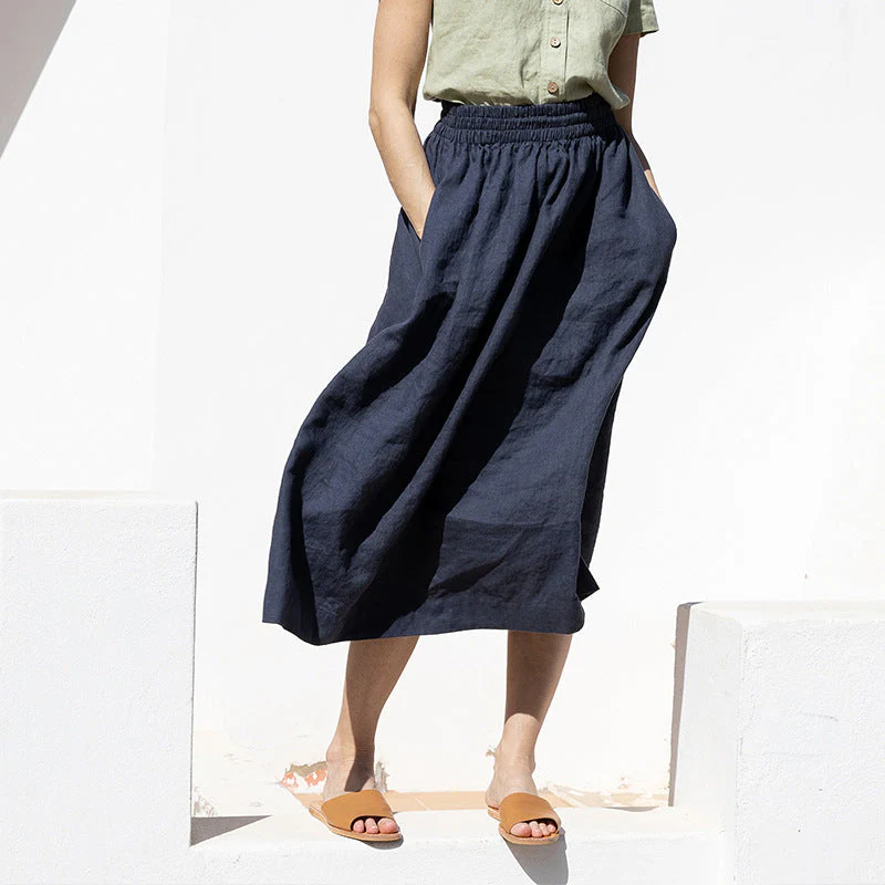 Damen Leinen-Midirock mit Elastischem Bund und Praktischen Seitentaschen Heidi-Mode - Image 3