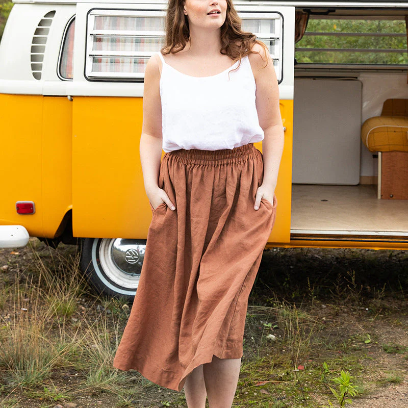 Damen Leinen-Midirock mit Elastischem Bund und Praktischen Seitentaschen Heidi-Mode - Image 4