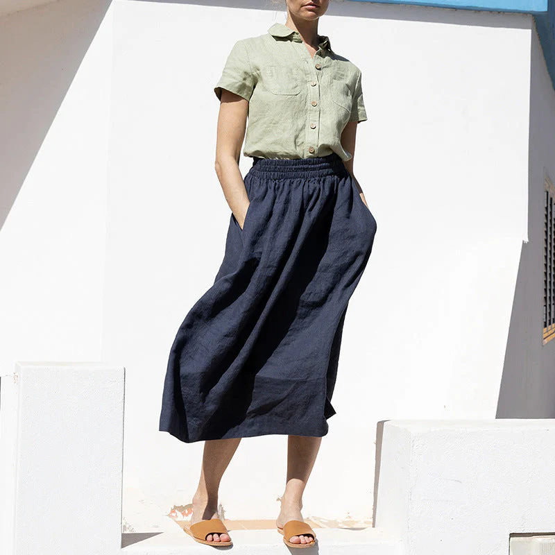 Damen Leinen-Midirock mit Elastischem Bund und Praktischen Seitentaschen Heidi-Mode - Image 6