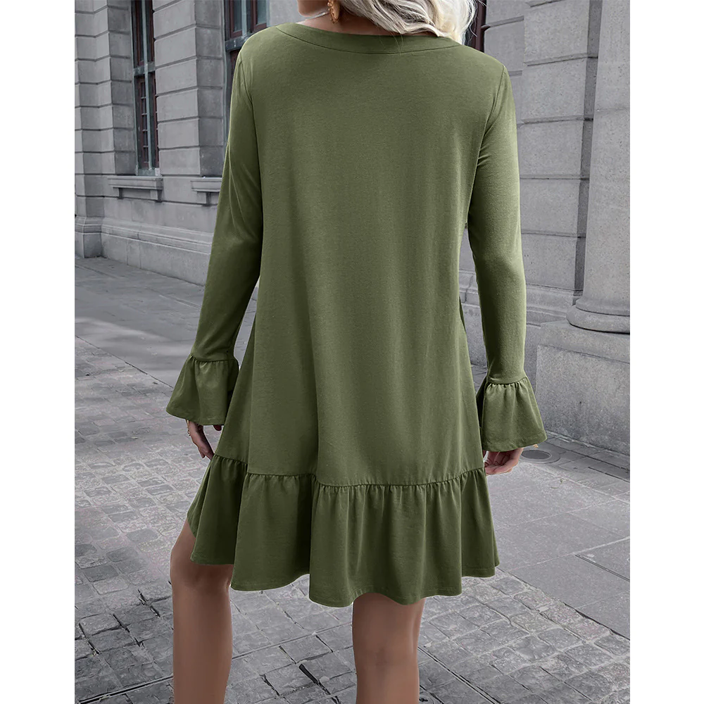 Damen lockeres Kleid mit schmeichelndem V-Ausschnitt und Glockenärmeln Heidi-Mode - Image 4