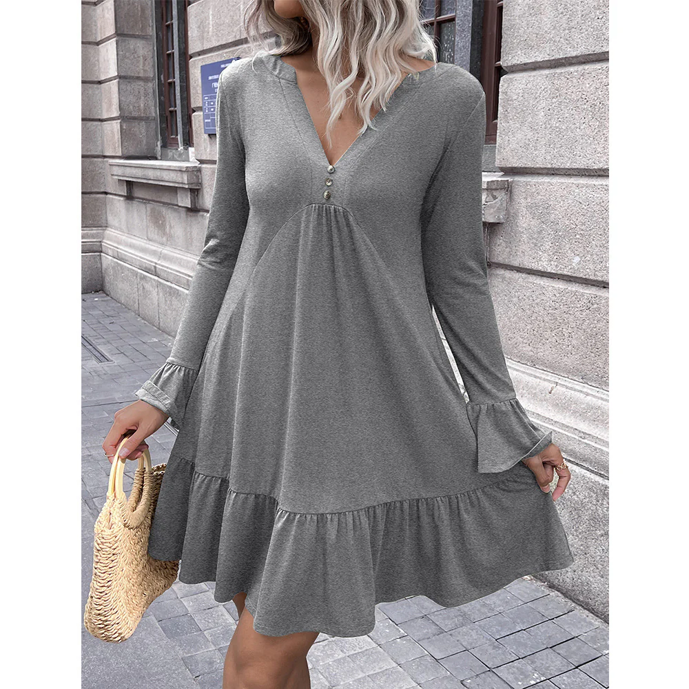 Damen lockeres Kleid mit schmeichelndem V-Ausschnitt und Glockenärmeln Heidi-Mode - Image 7