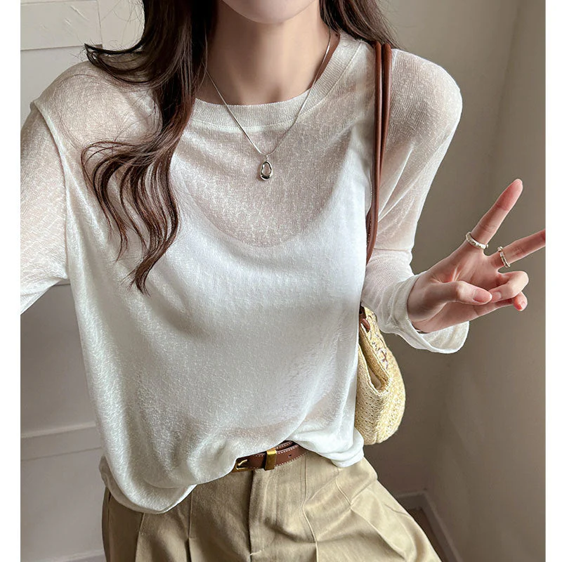 Damen Longsleeve Shirt Aus Leicht Transparentem Material mit Elegantem Fall Heidi-Mode