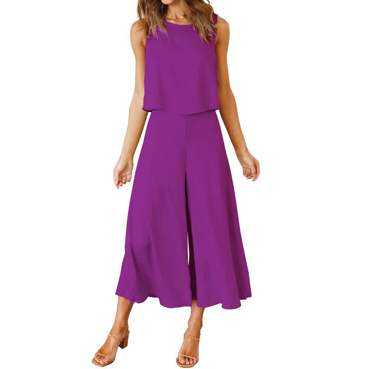 Damen Luftiger Jumpsuit mit Schwingendem Bein und Ärmellosem Design Heidi-Mode