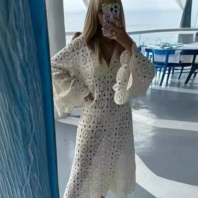 Damen Luftiges Häkelkleid mit Weiten Ärmeln Heidi-Mode