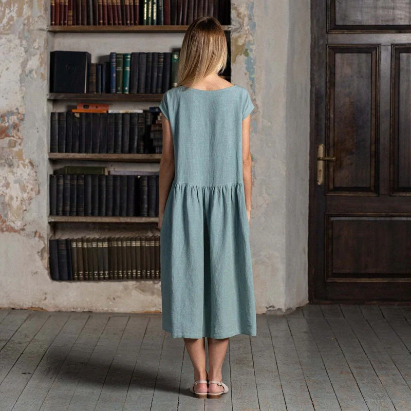 Damen Luftiges Leinen-Midikleid mit Tailliertem Schnitt und Voluminösem Saum Heidi-Mode - Image 2