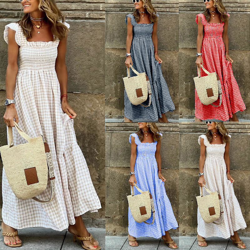 Damen Luftiges Maxikleid mit Vichy-Karo und Schulterfreien Rüschen Heidi-Mode - Image 2