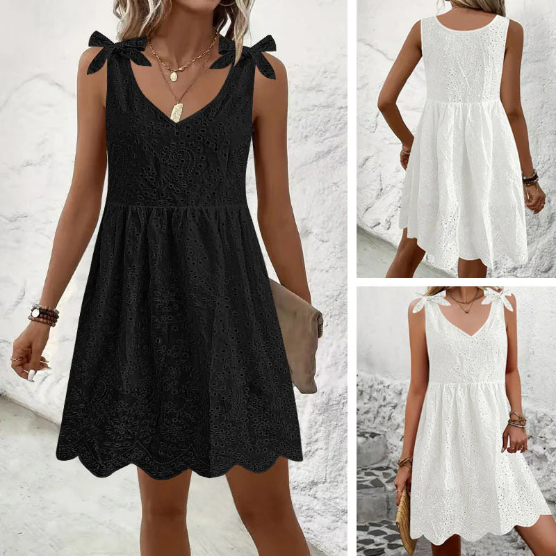 Damen Luftiges Sommerkleid mit Dekorativem Lochmuster und Süßen Trägern Heidi-Mode
