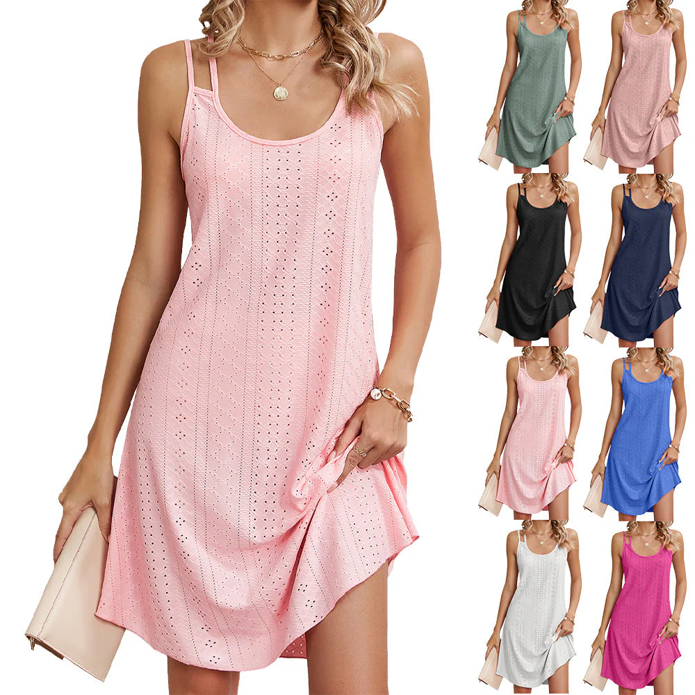 Damen Luftiges Sommerkleid mit Raffinierten Lochmustern und Verstellbaren Trägern Heidi-Mode
